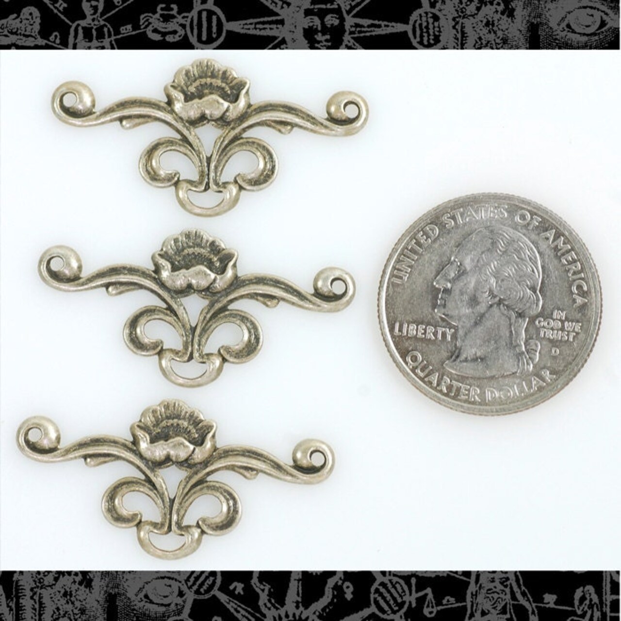 Antiqued Silver Plated Brass Art Deco Scrolled Lotus Three Way Connectors - Set of Three - S-3C06